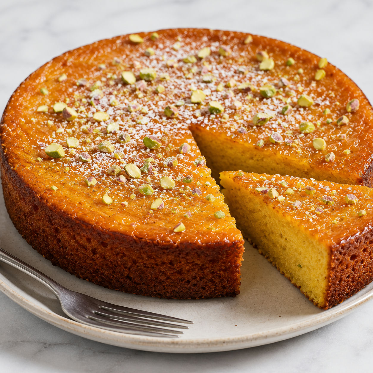 Flourless orange pistachio cake with marmalade and chopped pistachios