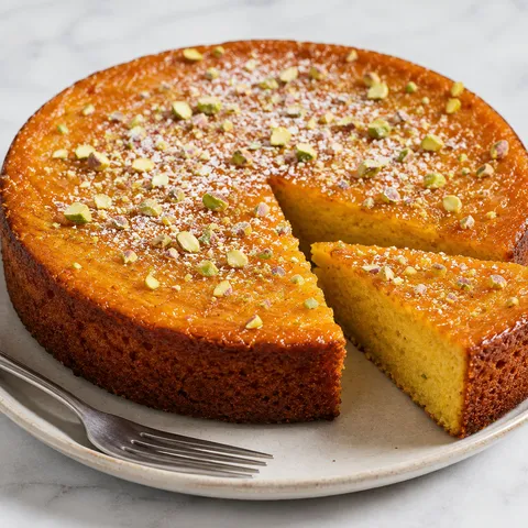 Flourless orange pistachio cake with marmalade and chopped pistachios