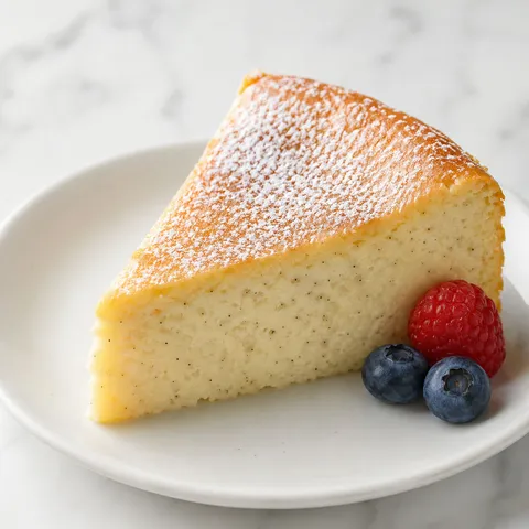 Flourless vanilla bean Greek yogurt cake slice with berries