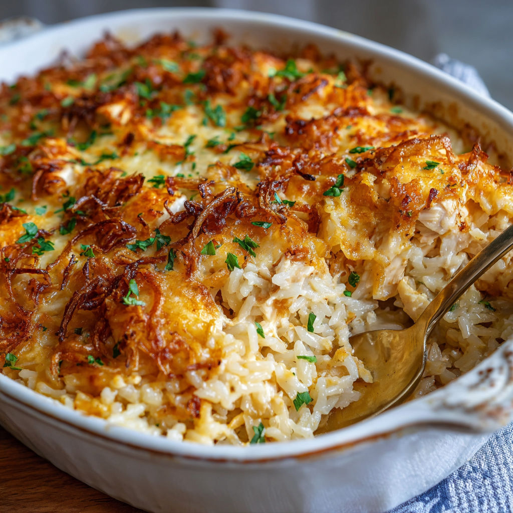 French Onion Chicken Rice Casserole with Caramelized Onions and Cheese