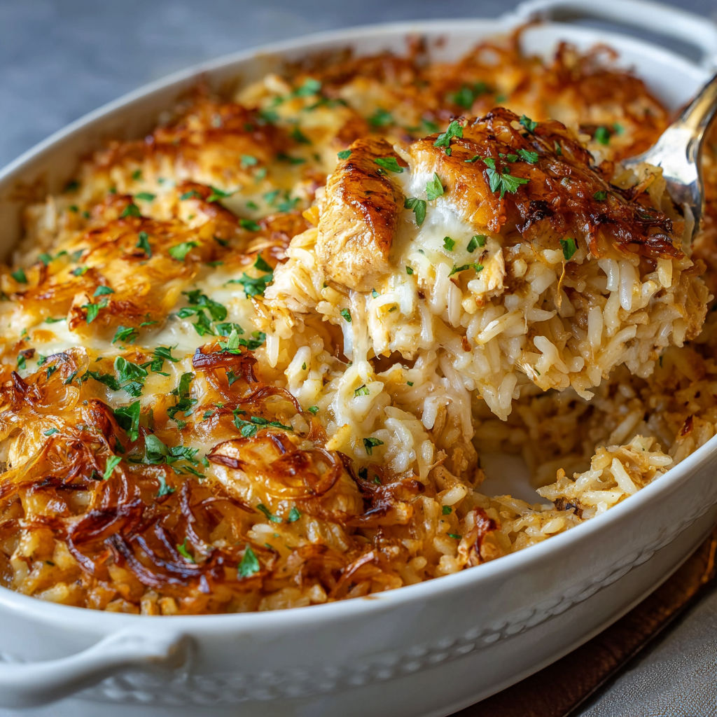 French Onion Chicken Rice Casserole with Caramelized Onions and Cheese