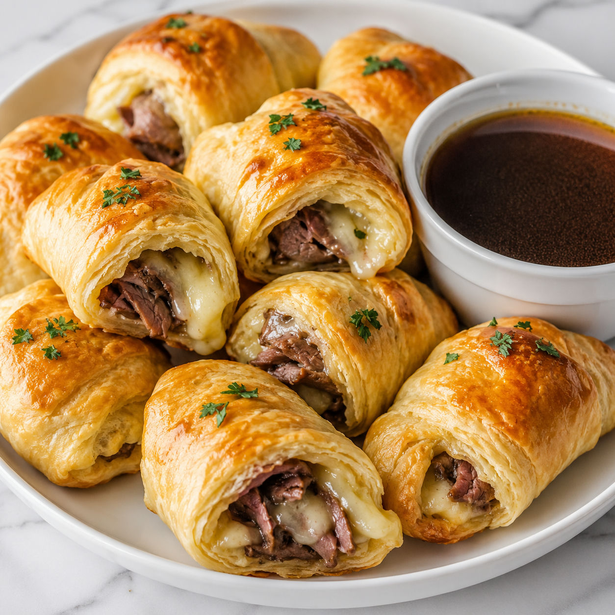 Golden French Dip Bites with roast beef, provolone, and au jus