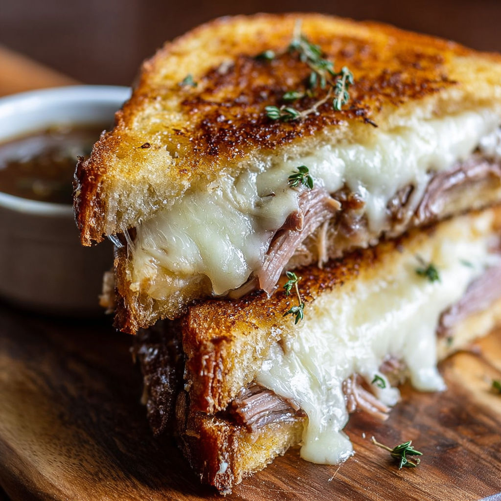 French Dip Grilled Cheese with Caramelized Onions and Au Jus