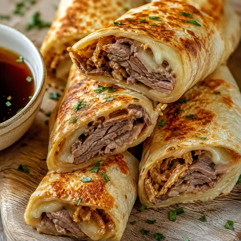 French Dip Tortilla Roll-Ups with melted provolone and au jus