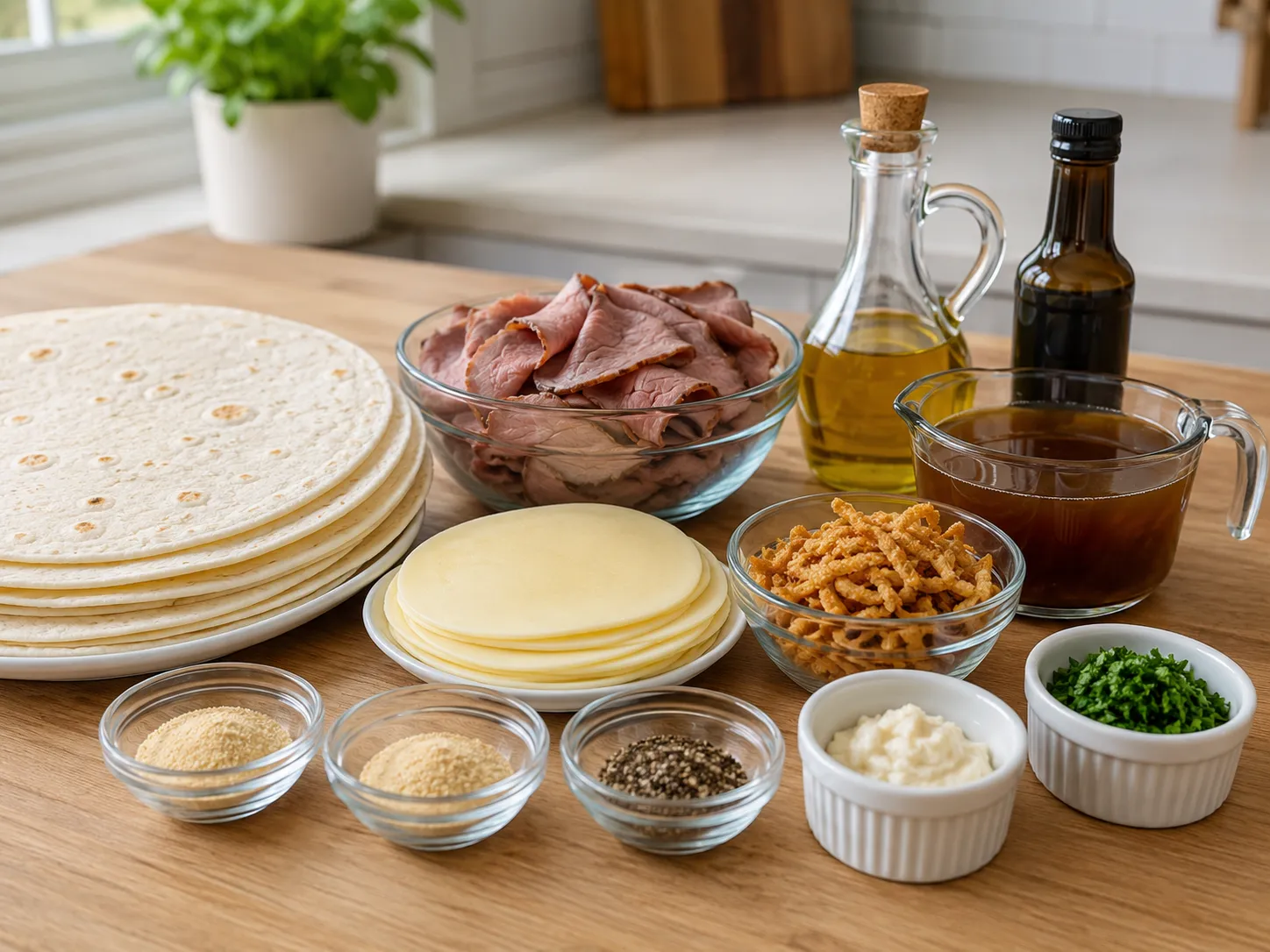 Ingredients for French Dip Tortilla Roll-Ups with roast beef and provolone