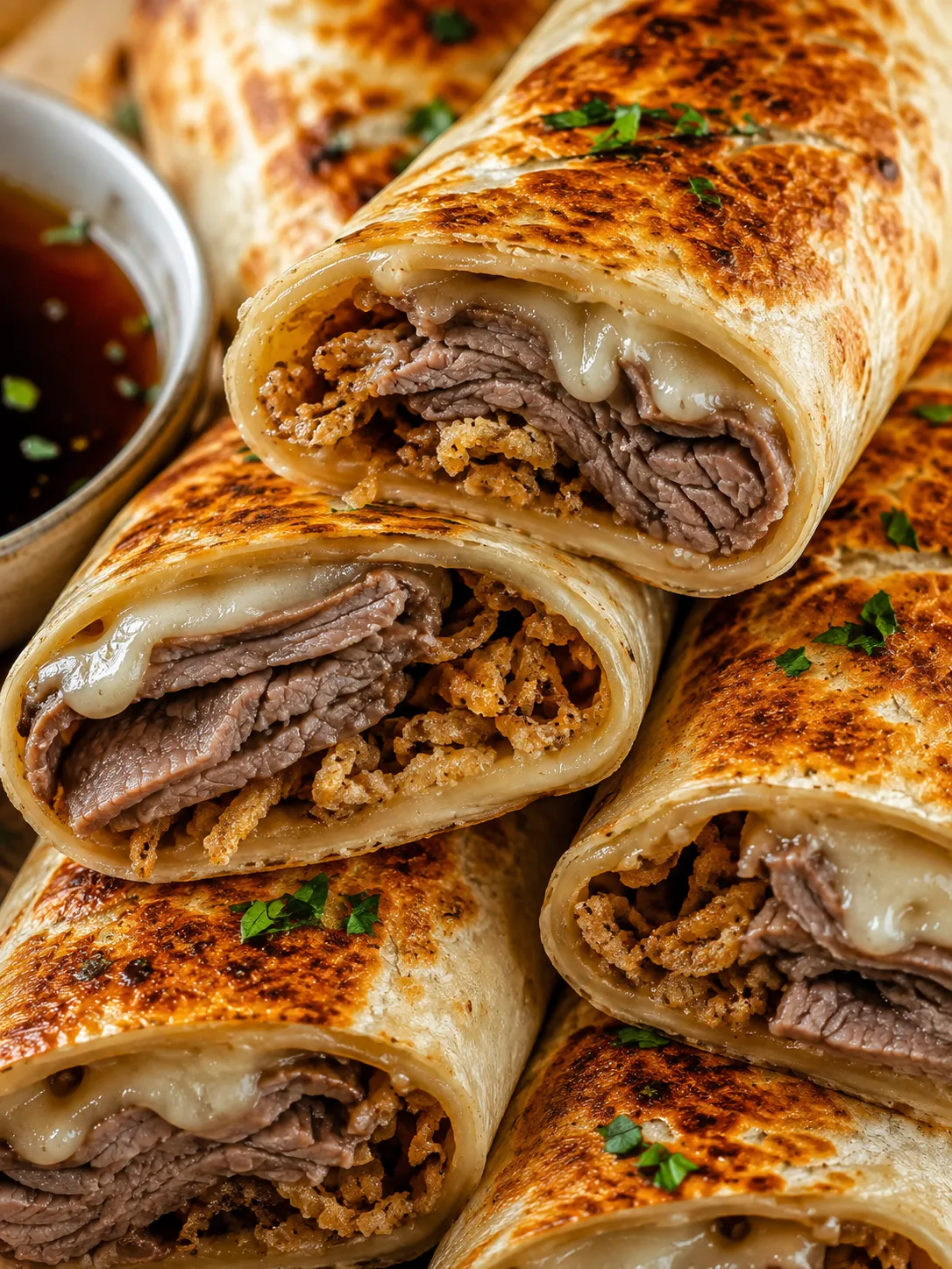 French Dip Tortilla Roll-Ups stacked with au jus for dipping