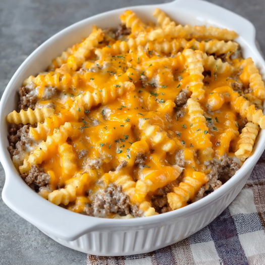 French Fry Casserole with Ground Beef and Cheddar