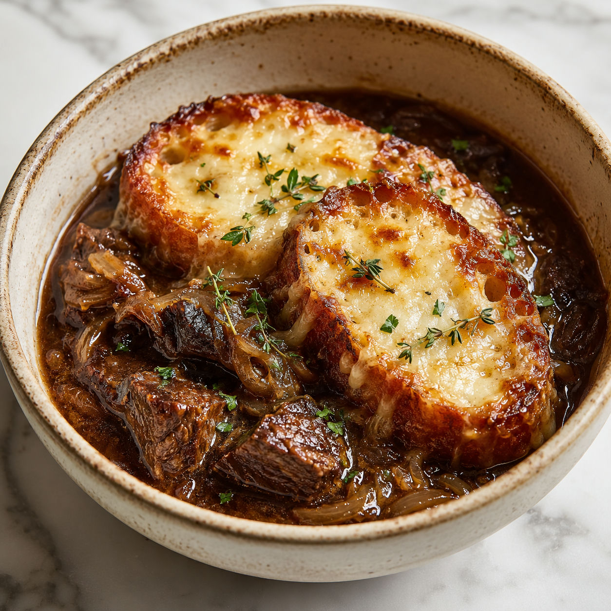 French Onion Beef Stew with Gruyere toasts in a rustic bowl