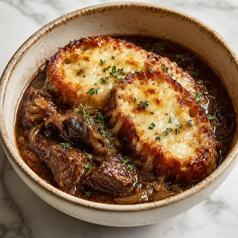French Onion Beef Stew with Gruyere toasts in a rustic bowl