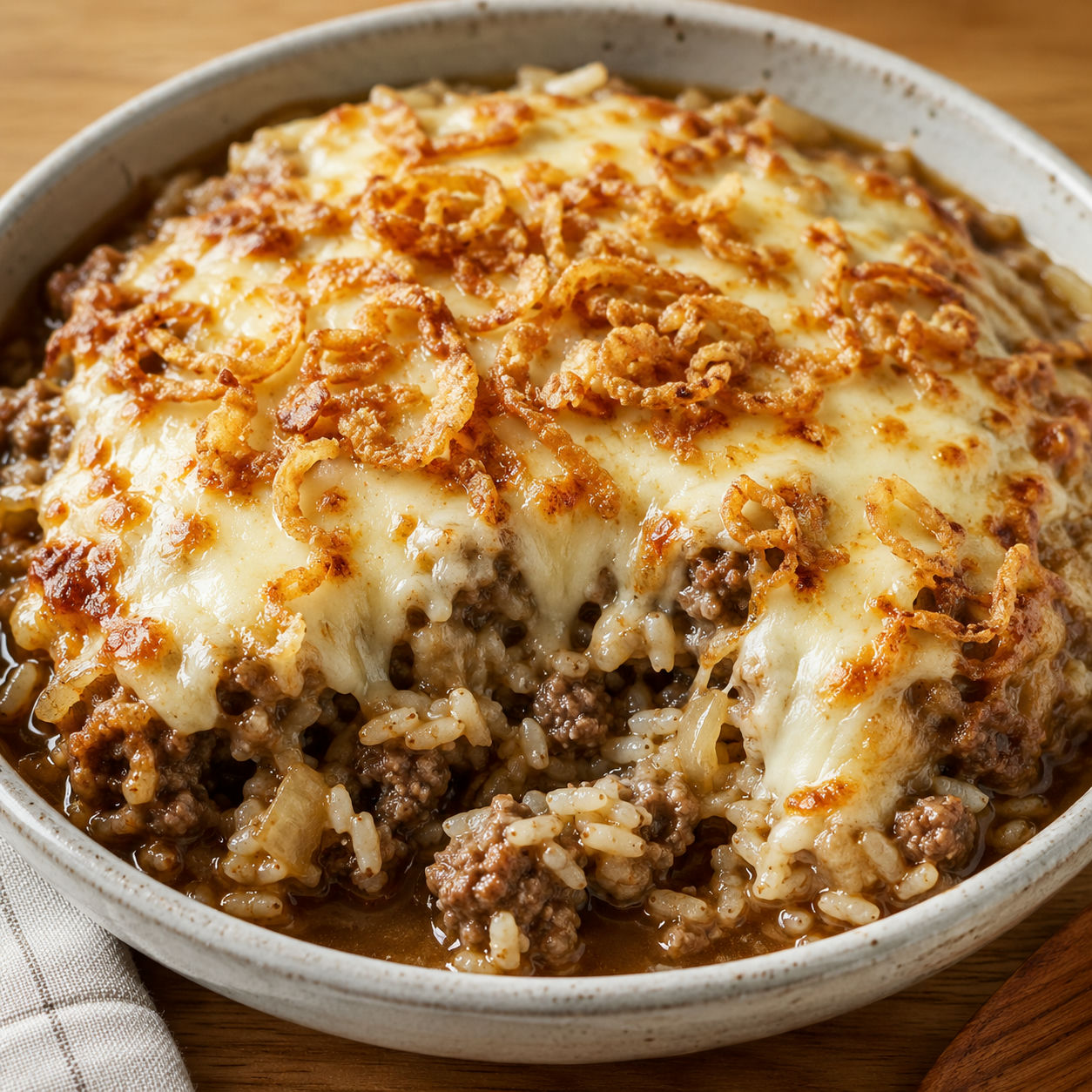 French onion ground beef and rice casserole in a bowl with melted cheese and crispy onions