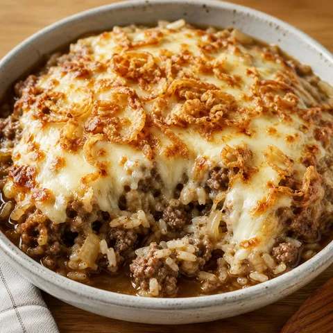 French onion ground beef and rice casserole in a bowl with melted cheese and crispy onions