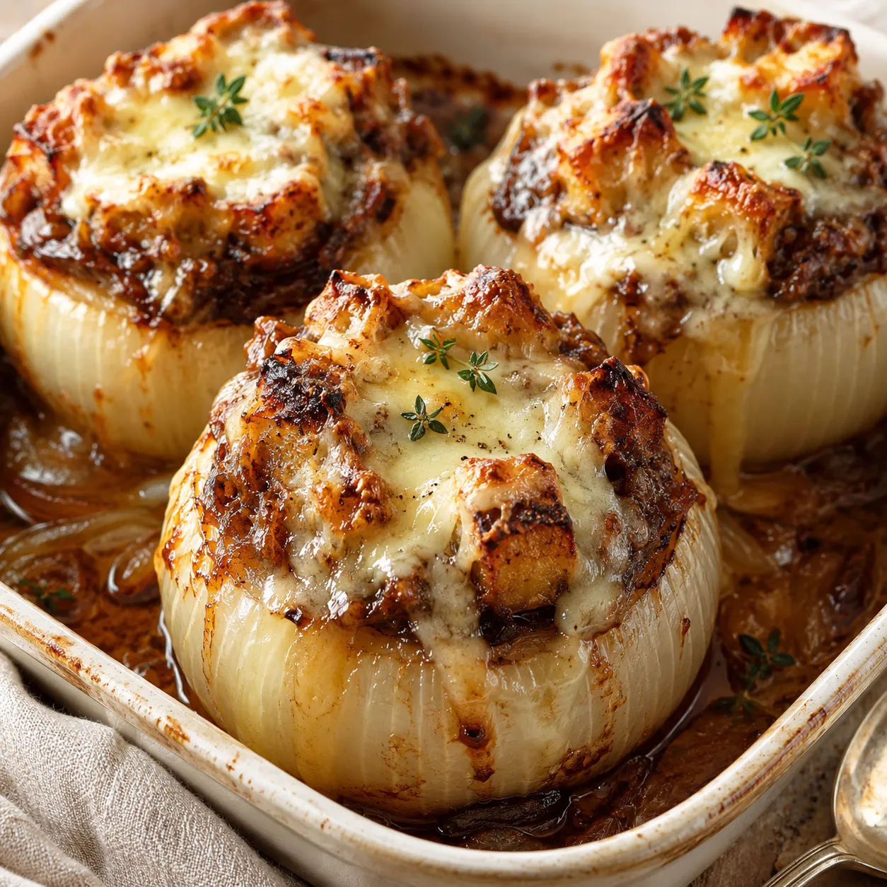 French Onion Stuffed Onions with browned Gruyere and thyme