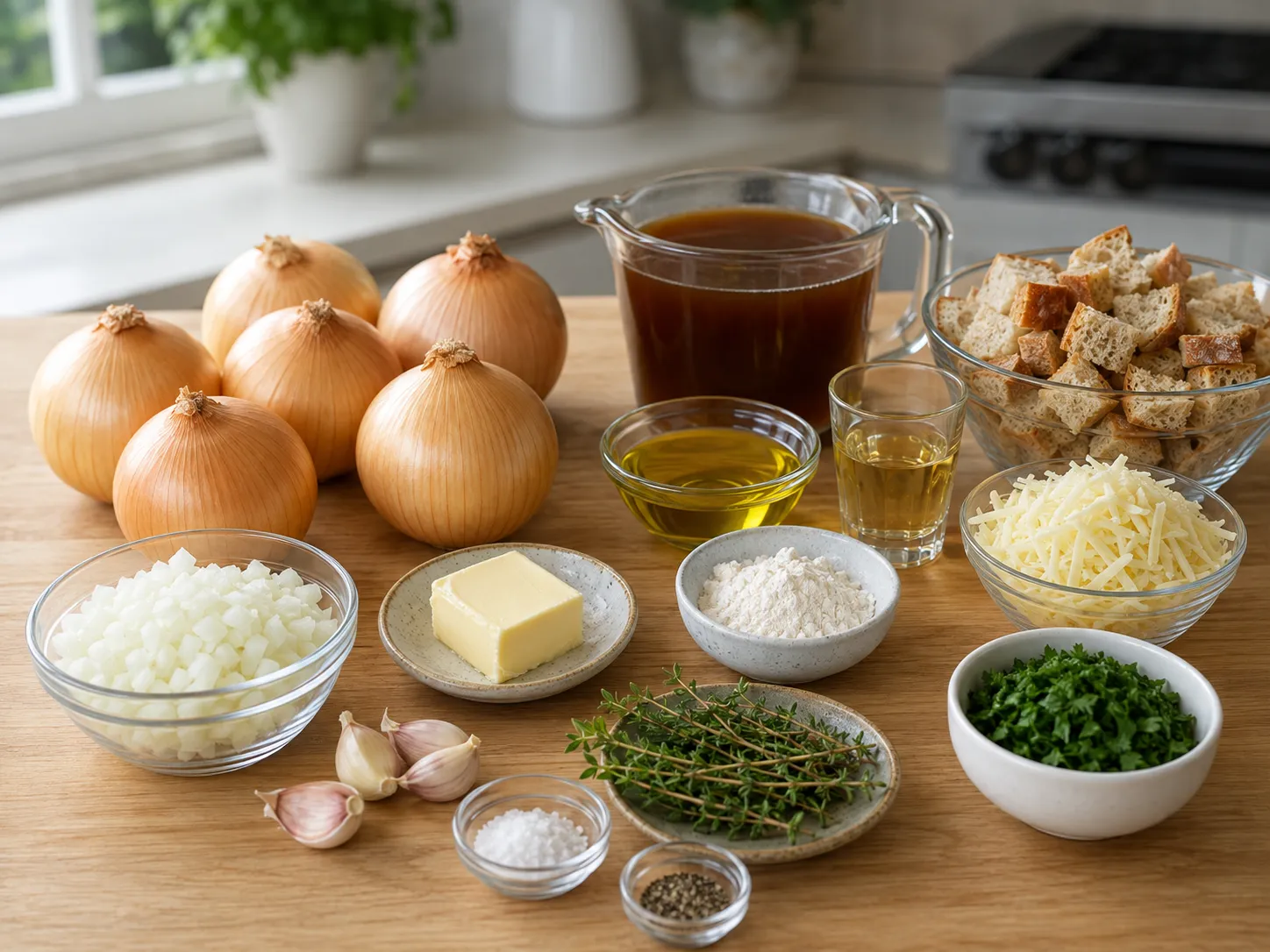Ingredients for French Onion Stuffed Onions with onions, Gruyere, and sourdough