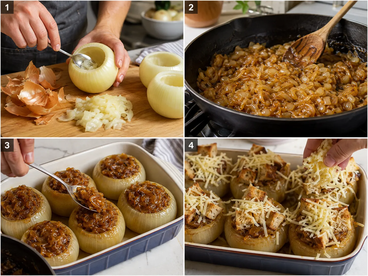Steps for hollowing, filling, and topping French Onion Stuffed Onions