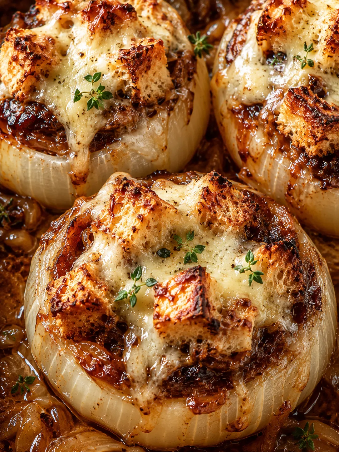 French Onion Stuffed Onions with melted Gruyere and sourdough topping