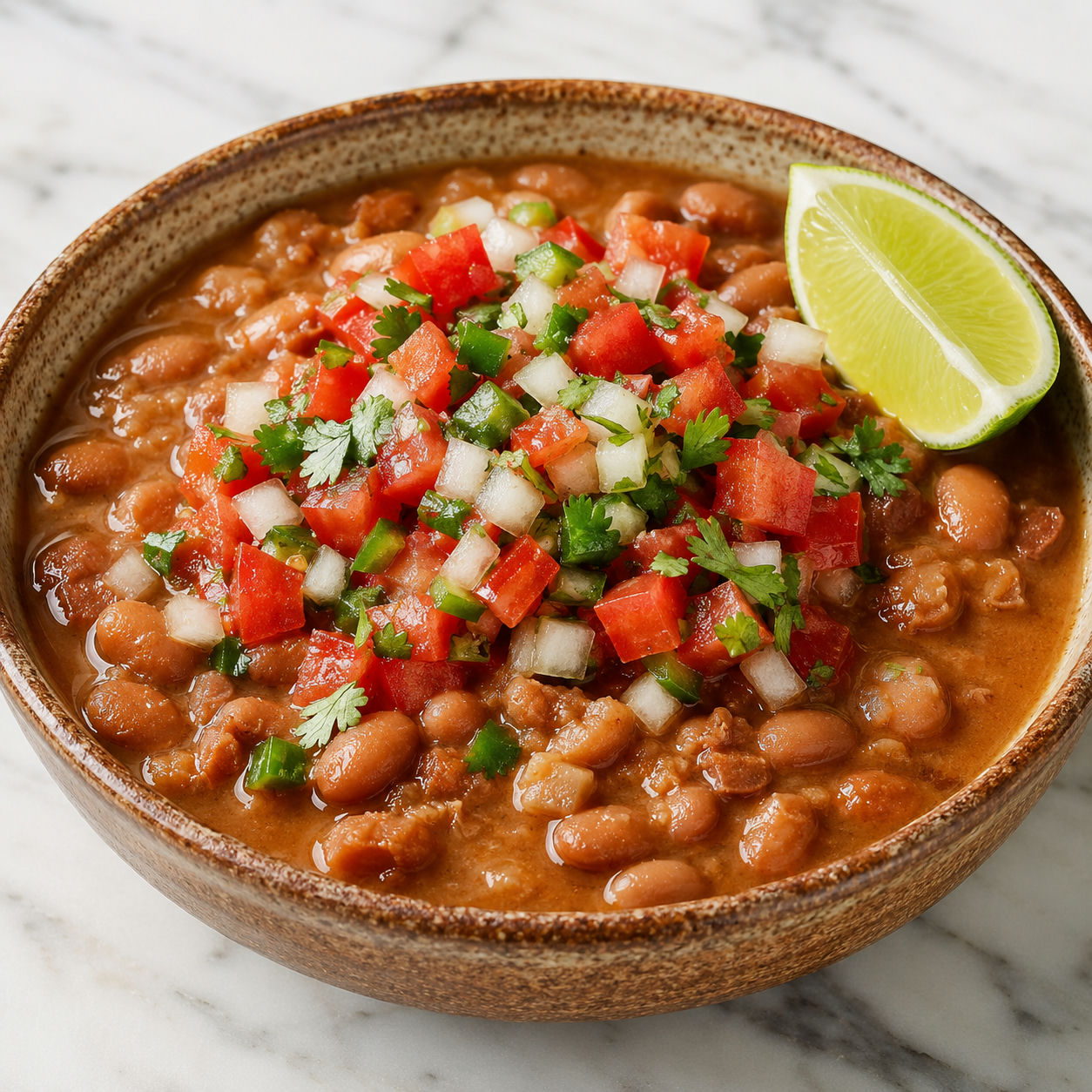 Pinto beans in amber broth topped with fresh pico de gallo in a ceramic bowl