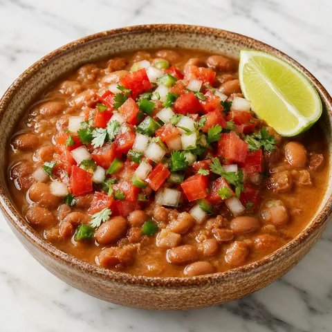 Pinto beans in amber broth topped with fresh pico de gallo in a ceramic bowl