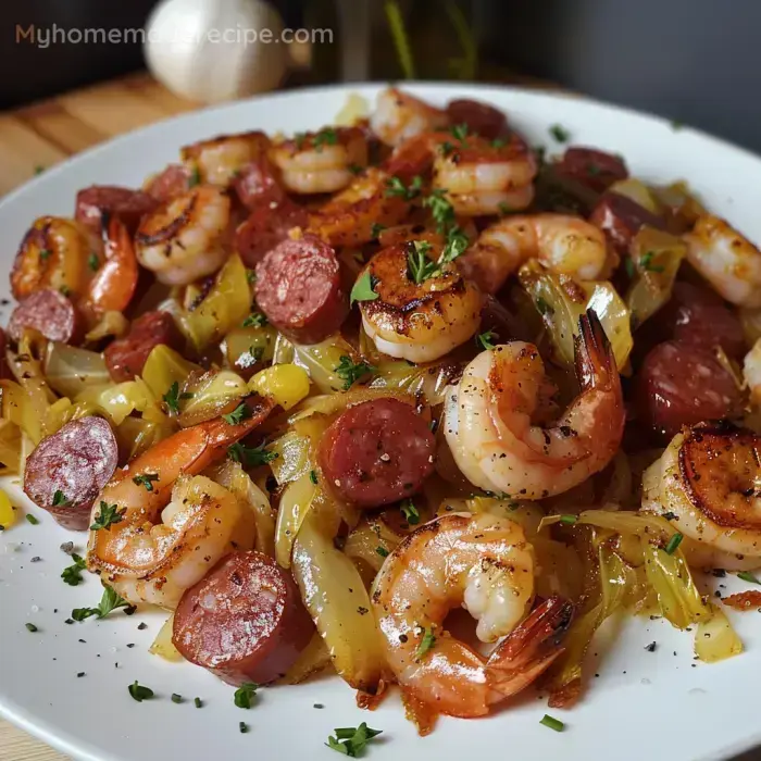 Easy Fried Cabbage with Shrimp, Sausage & Bacon
