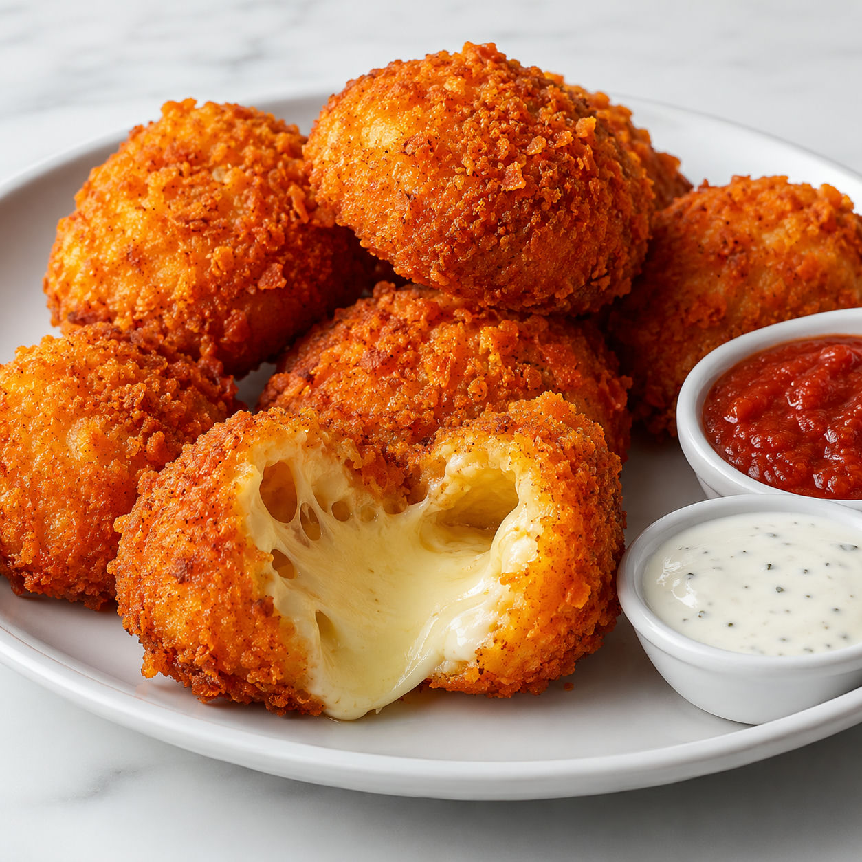 Fried Doritos cheese bites with melted mozzarella and dipping sauces