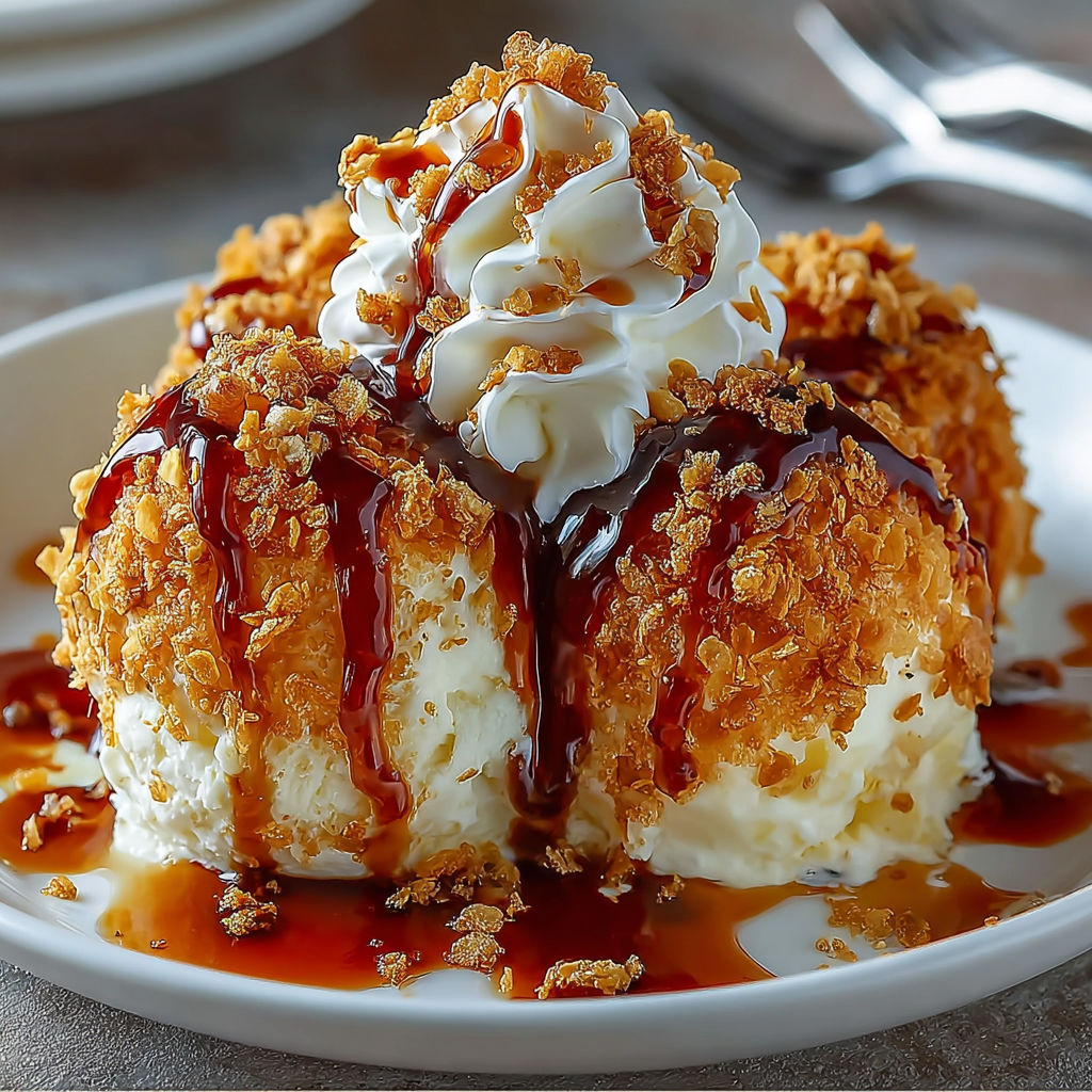 Golden Fried Ice Cream with Cinnamon Crunch and Sweet Toppings