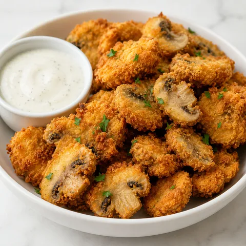 Golden fried sliced mushrooms with ranch dip and parsley