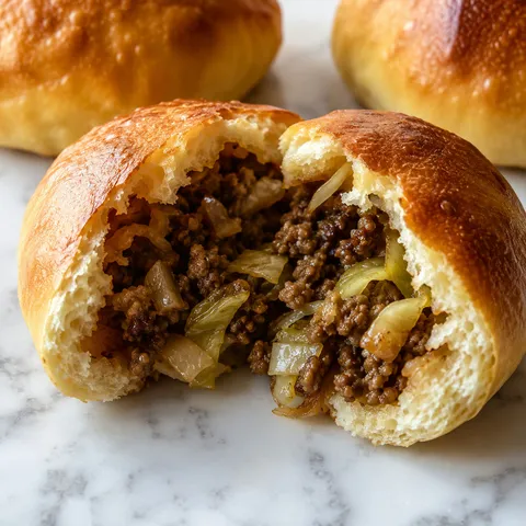 Golden stuffed bread roll split open showing ground beef and cabbage filling inside