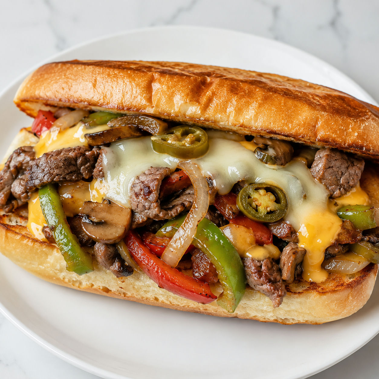 Fully loaded cheesesteak with peppers, mushrooms, provolone, and cheese sauce