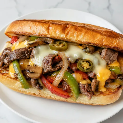 Fully loaded cheesesteak with peppers, mushrooms, provolone, and cheese sauce