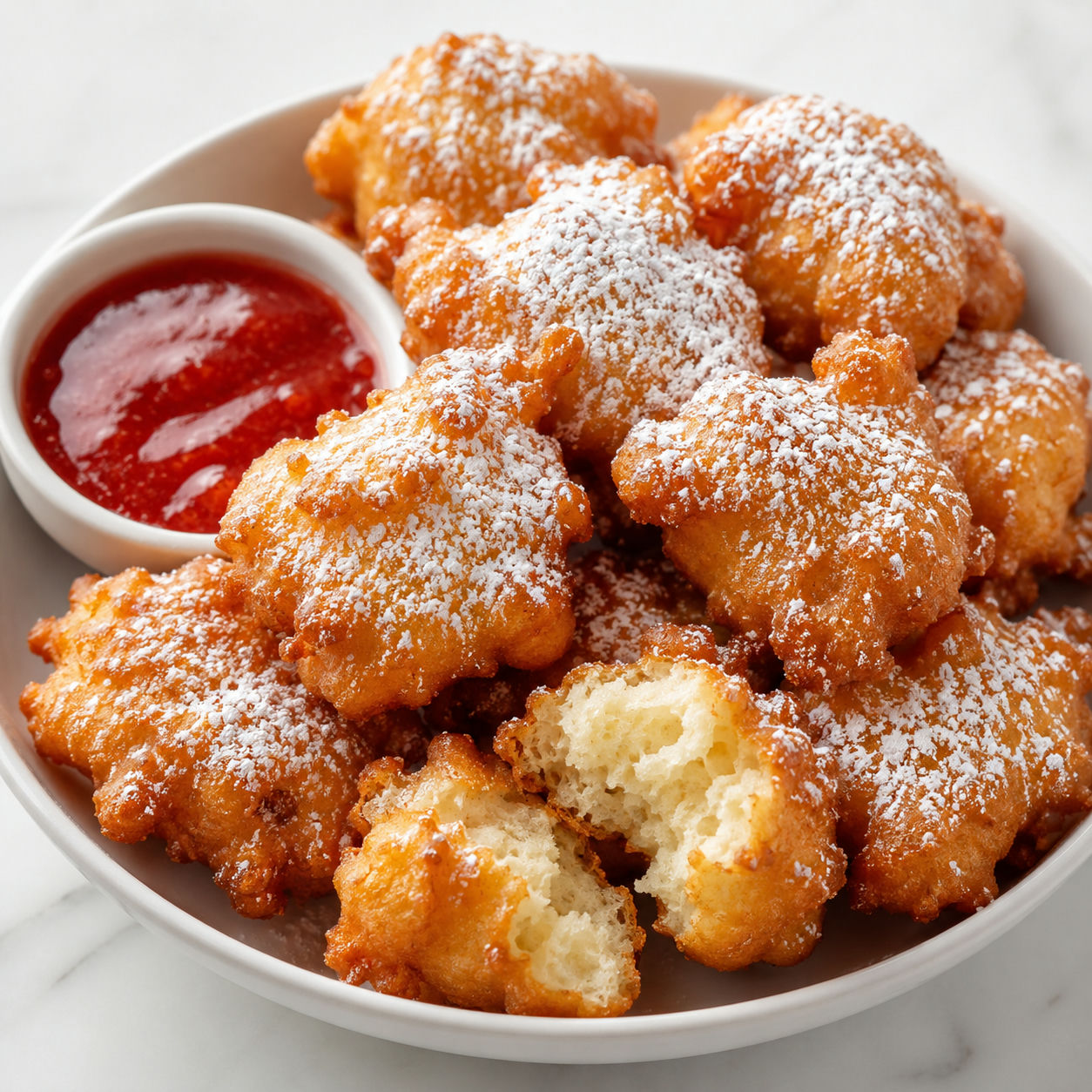 Funnel cake bites with powdered sugar and strawberry sauce