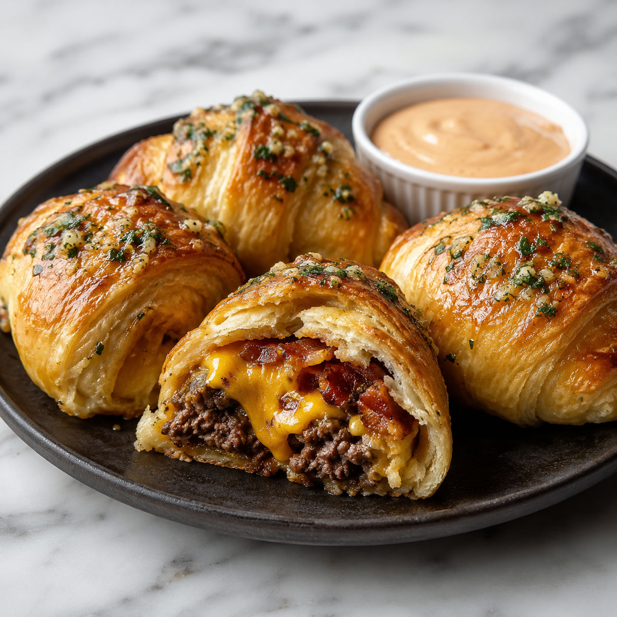 Garlic butter bacon cheeseburger rollups on a dark plate, one cut open showing melty cheddar and beef filling