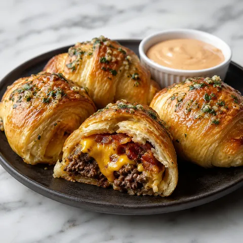 Garlic butter bacon cheeseburger rollups on a dark plate, one cut open showing melty cheddar and beef filling