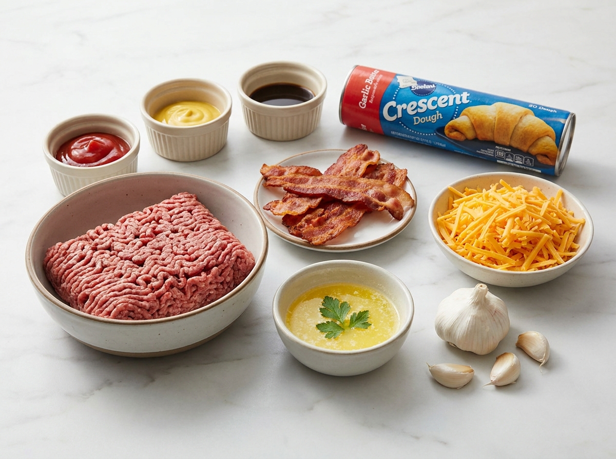 Raw ingredients for garlic butter bacon cheeseburger rollups grouped on a marble surface