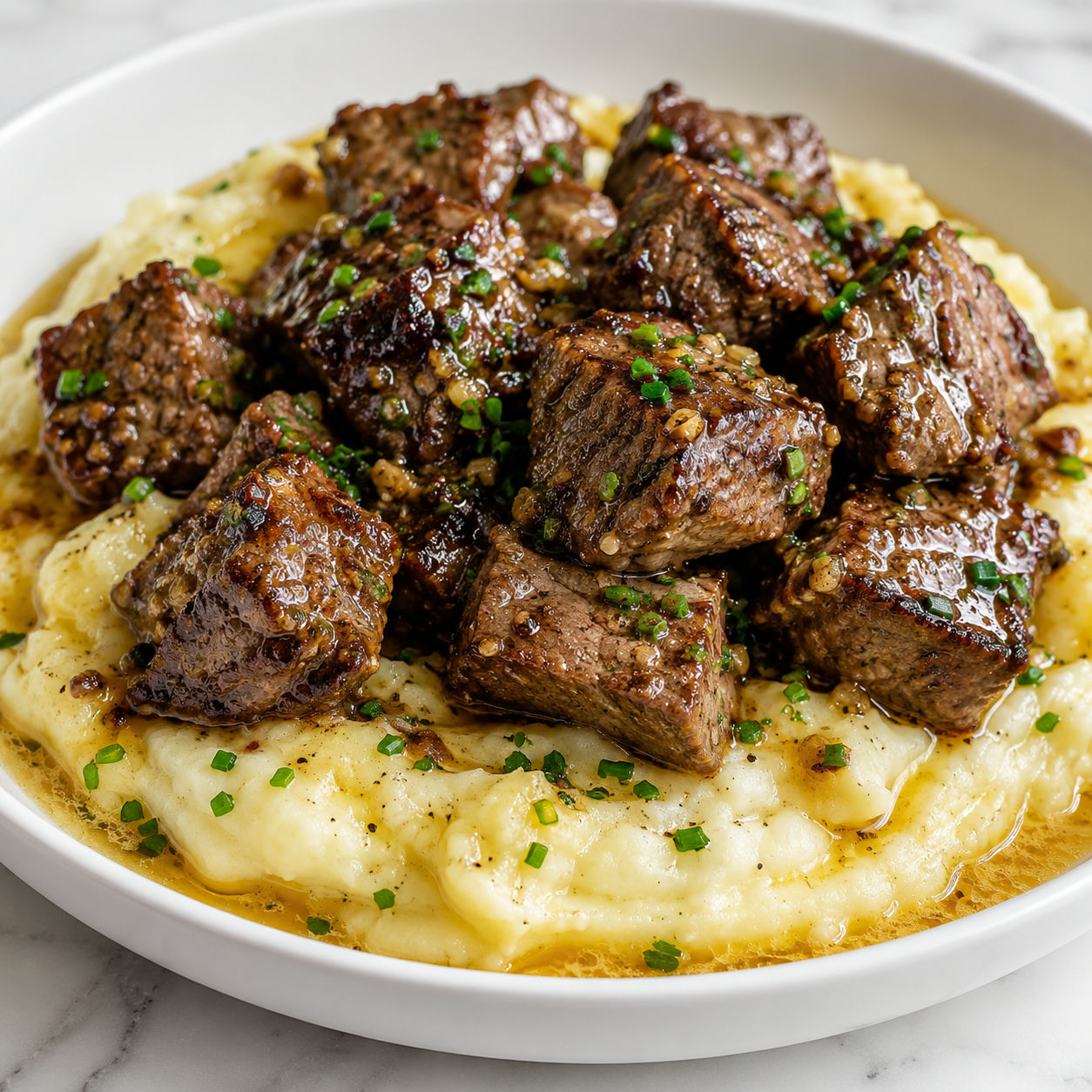 Garlic butter beef bites over creamy mashed potatoes with parsley