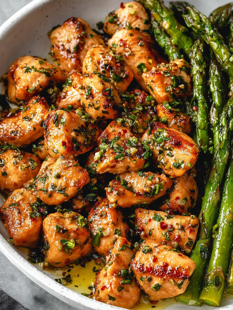 Tender Garlic Butter Chicken Bites with Asparagus