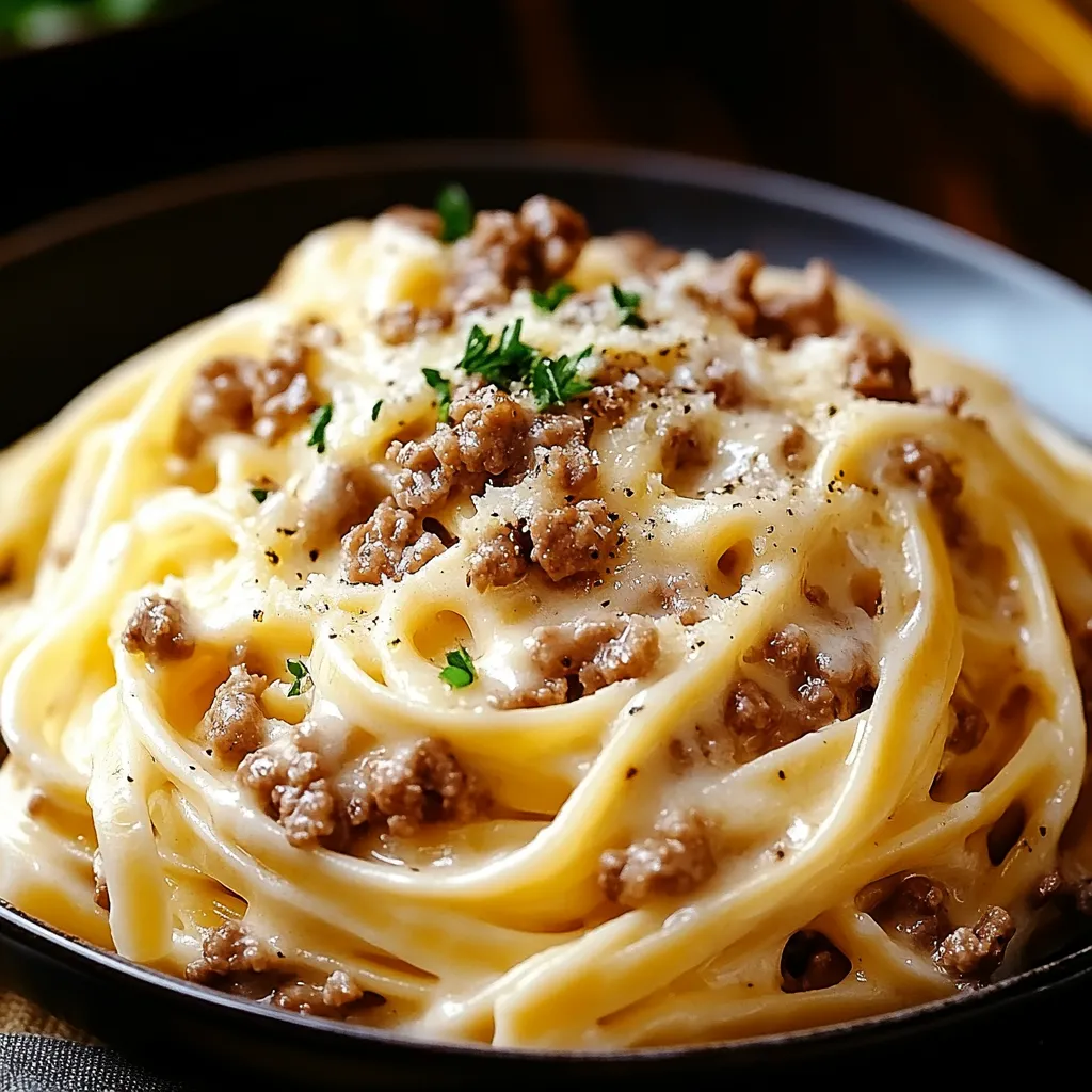 Creamy Cheesy Garlic Butter Linguine with Ground Beef