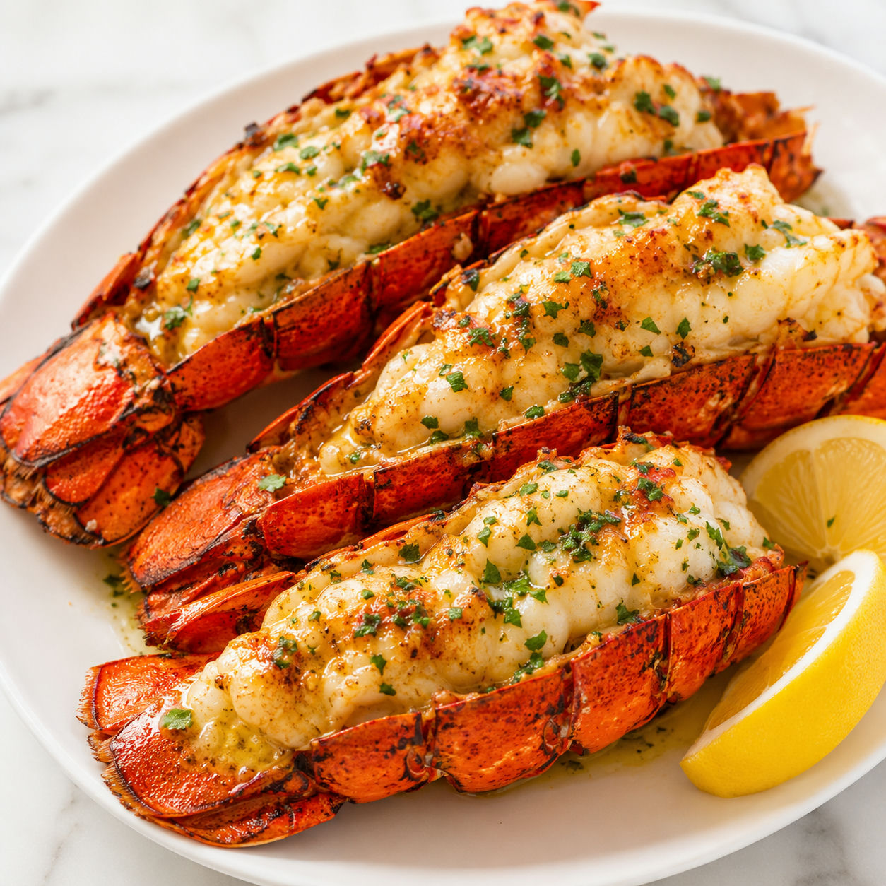 Garlic butter lobster tails with parsley and lemon on a white platter
