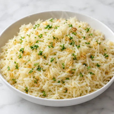 Garlic Butter Rice with parsley and lemon in a white bowl