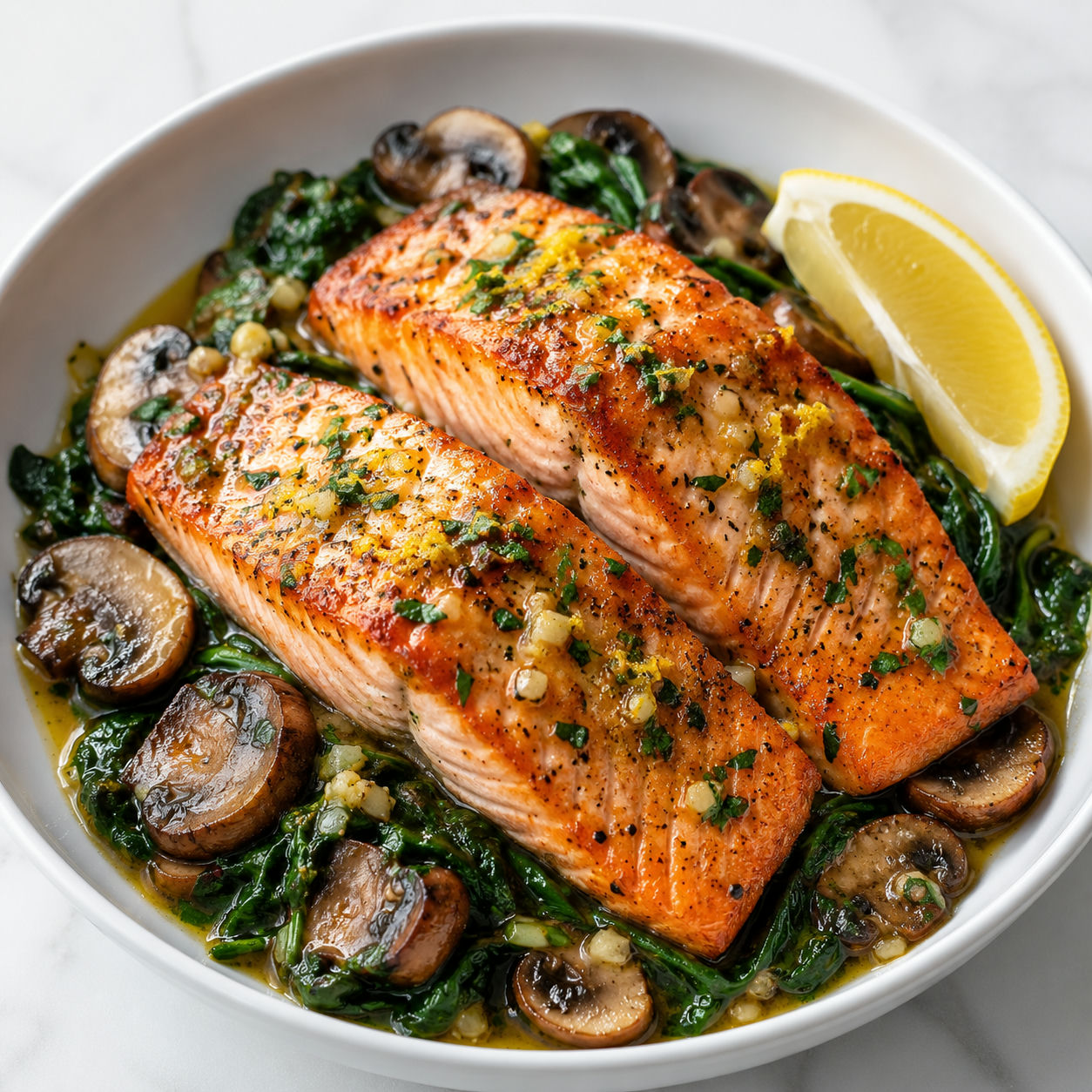 Garlic butter salmon with spinach, mushrooms, parsley, and lemon