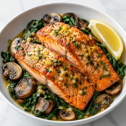 Garlic butter salmon with spinach, mushrooms, parsley, and lemon