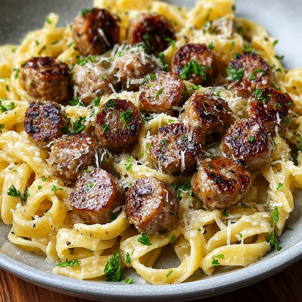 Garlic Butter Sausage Bites with Creamy Parmesan Pasta