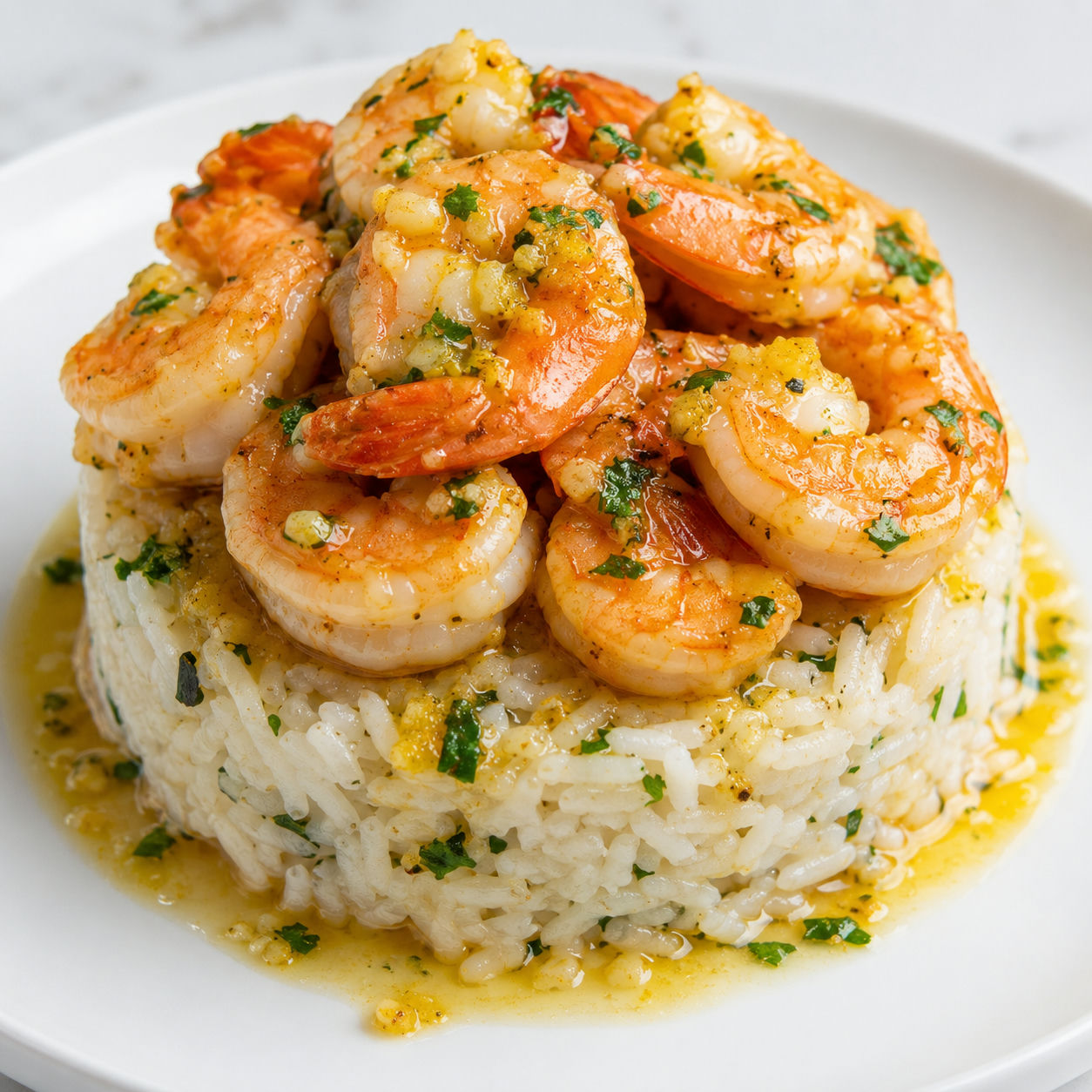 Garlic butter shrimp stacked over herb rice with lemon and parsley