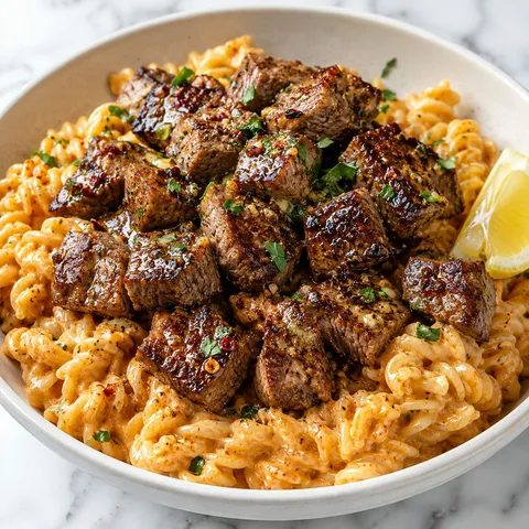 Garlic butter steak bites over spicy Cajun Alfredo rotini with parsley in a ceramic bowl
