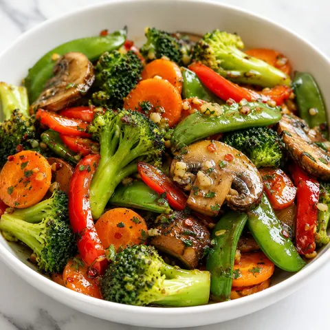 Garlic butter stir-fried vegetables with broccoli, mushrooms, carrots, and snap peas