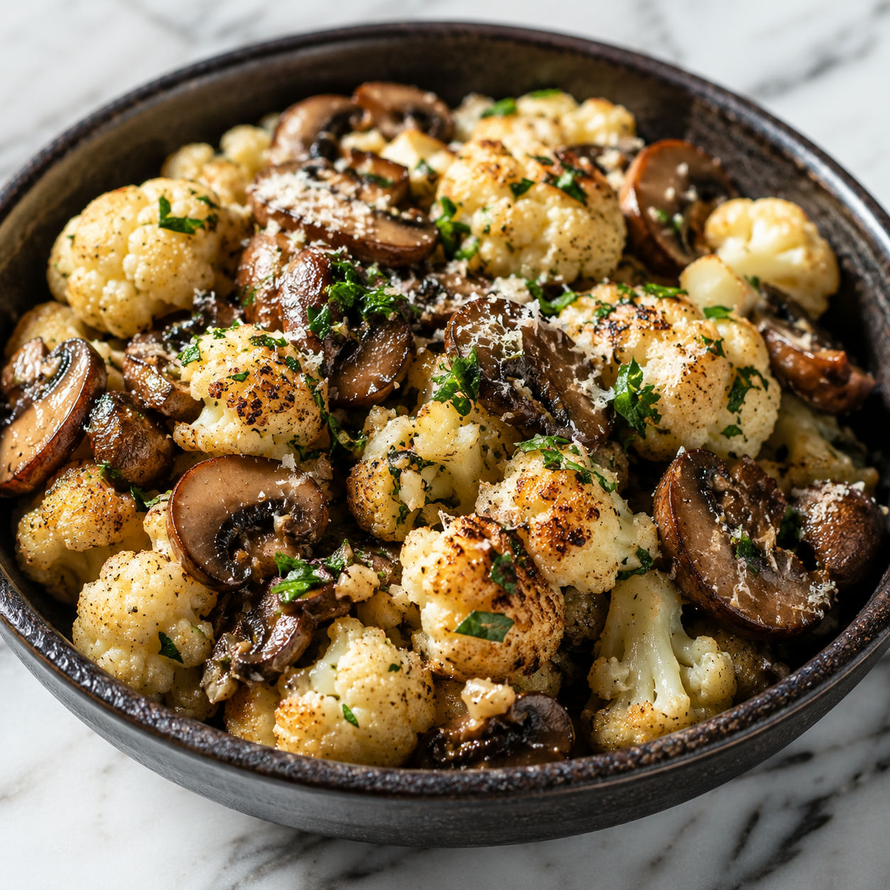 Golden garlic cauliflower and mushrooms with parsley and Parmesan in a dark bowl