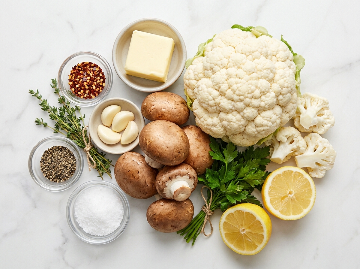 Raw ingredients for garlic cauliflower and mushrooms on a light wooden board