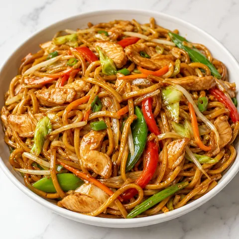 Garlic chicken lo mein with vegetables and scallions in a white bowl