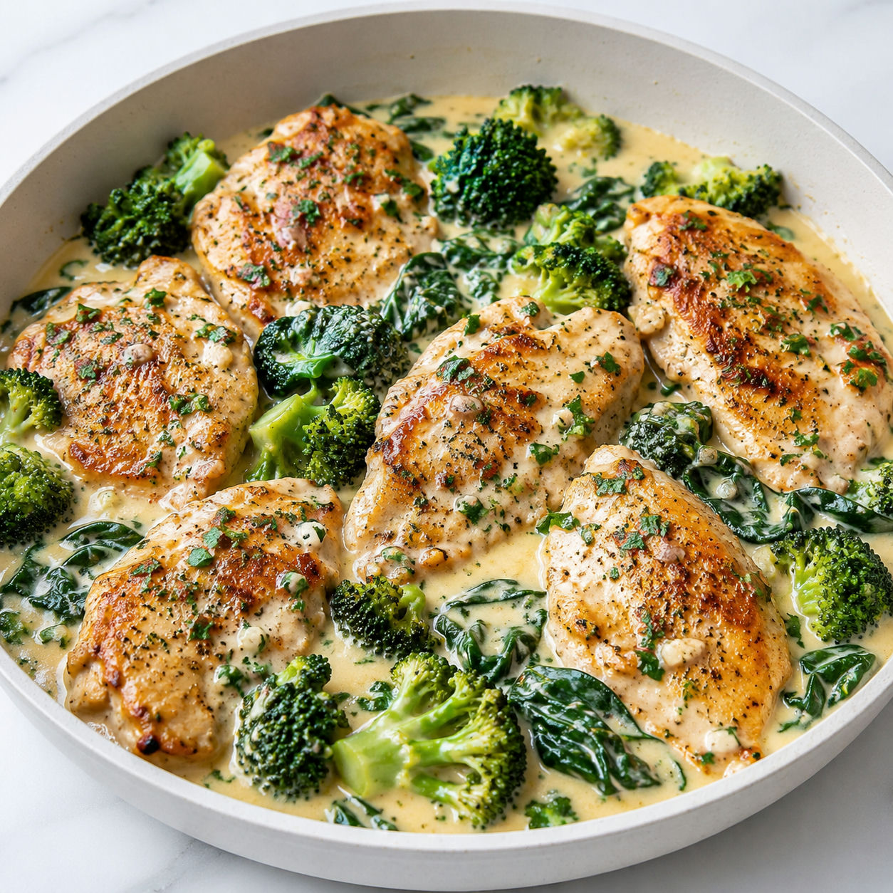 Garlic chicken with broccoli and spinach in creamy sauce
