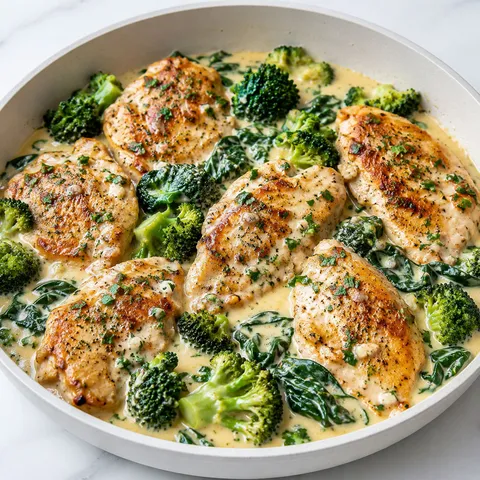 Garlic chicken with broccoli and spinach in creamy sauce