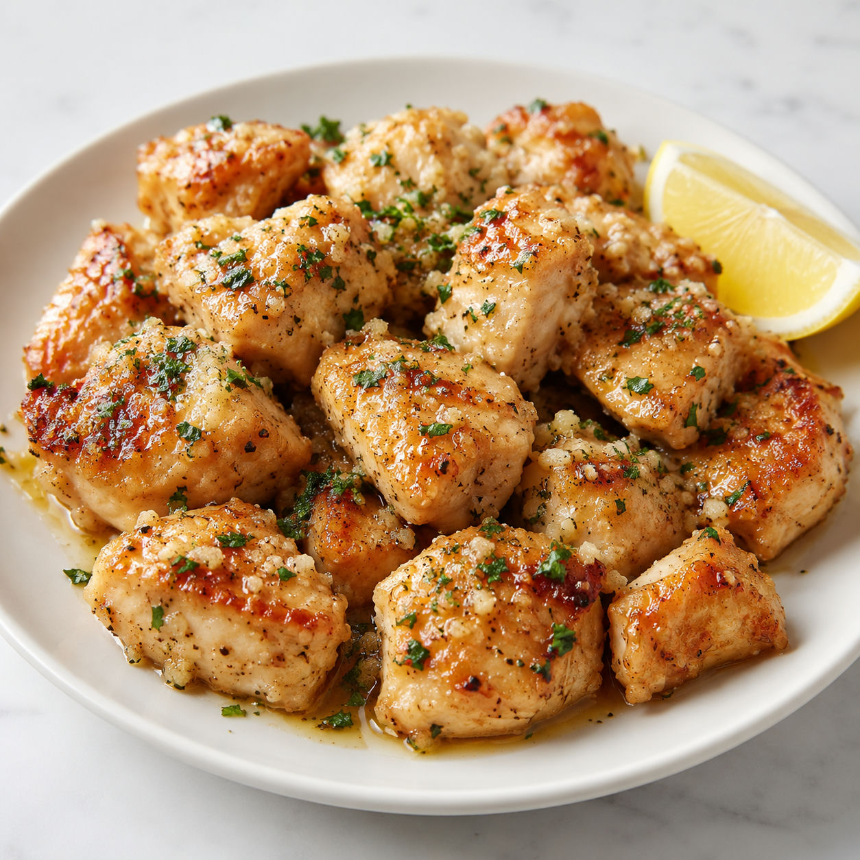 Garlic Parmesan Chicken Bites with parsley and lemon on a white plate