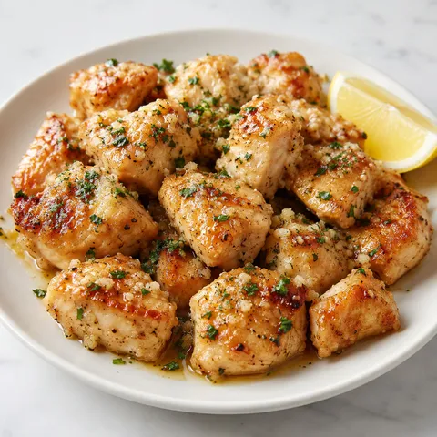 Garlic Parmesan Chicken Bites with parsley and lemon on a white plate